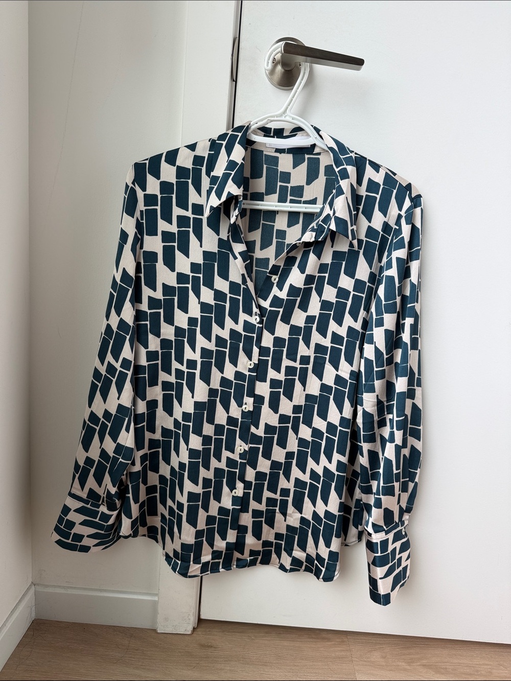 Mango Geometric Button-Down Shirt in Navy & Cream